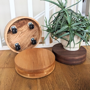 Peut inclure: Trois supports de plantes en bois. L'un est en bois clair avec des roulettes, un autre en bois de ton moyen et le troisième en bois de ton foncé. Une plante d'aloe vera en pot repose sur le support en bois foncé. Les supports sont sur un plancher en bois.