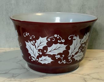 Vintage Hazel Atlas Christmas Punch Bowl – Holly Burgundy Milk Glass – 1950s