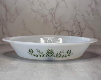 Vintage Glasbake Primrose Dream Green Daisy J2352 Divided Casserole Dish, Milk Glass Serving Dish, Chip and Dip, Vintage Kitchen