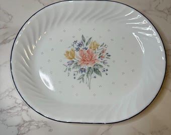 Vintage Corelle “Promise” Oval Platter – Blue Trim Floral Bouquet – 12” – Discontinued
