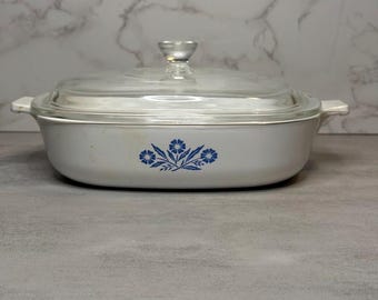 Vintage Corning Ware Blue Cornflower P-9-B 9 Inch Casserole with Pyrex Lid, Pyroceram Baking Dish, Made in USA