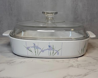 Vintage Corning Ware Shadow Iris A-10-B Casserole Dish with Pyrex Lid – 2.5 Liter – Discontinued
