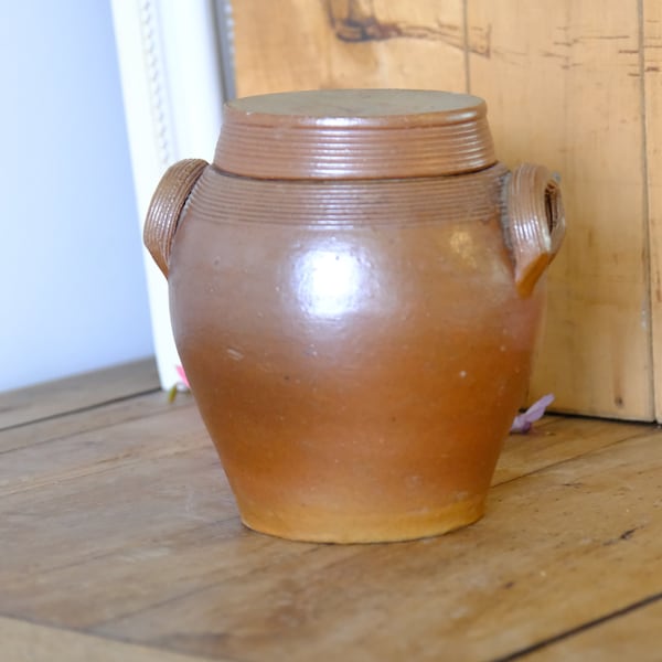 French antique stoneware pot with lid. French confit pot, French Goes, number 2 crock pot