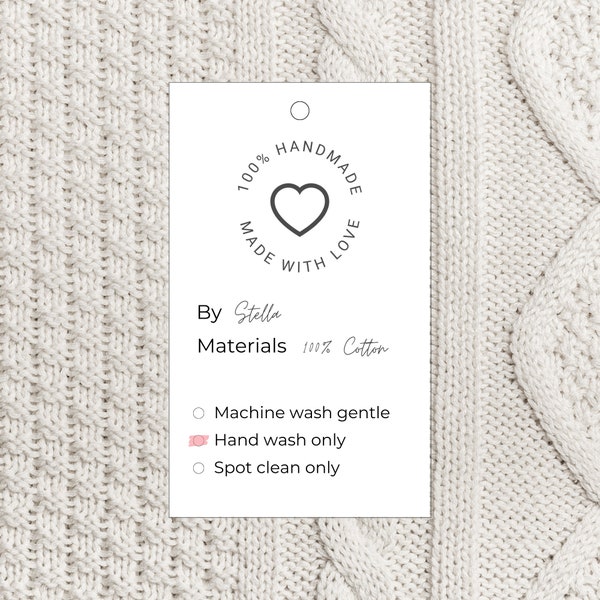 100 % Handmade - Made With Love Tags | PRINTABLE PDF | Handmade Gift Tags | Care Labels | Crochet and Knitting Tags | Minimalist | Valentine