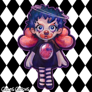 May include: Illustration of a clown-like figure with blue hair, a red nose, and a heart-shaped design on the chest. The figure has a halo and is set against a black and white diamond pattern. The text "Clowns Curious" is at the bottom.