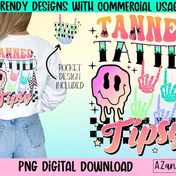 Gegerbtes tatted und beschwipst png, Sommerlächeln Gesicht Sublimationsdesign, tan und beschwipst png, Retro-Sommer png, Vorder- und Rückseitendesign, trendy png