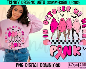 Breast cancer awareness png, in October we wear pink png, pink ghost png, October awareness month, pink retro cancer ribbon sublimation
