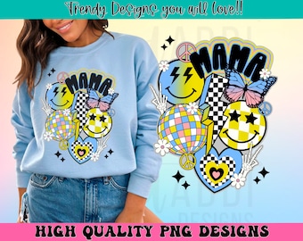Retro mama png, mama sublimation design, one happy mama png, retro checkered mama shirt design, trendy mama floral png, digital download png