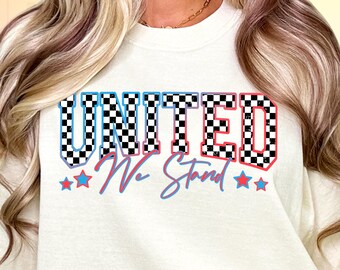 United we stand png, retro independence day sublimation, red white blue 4th of July shirt design, Stars and Stripes, USA checkerboard png