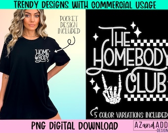 The homebody club png, antisocial sublimation design, retro introvert png, stay at home png, self love png, front and back shirt design