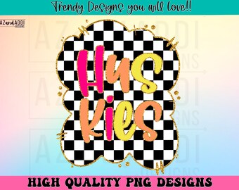 Mascotte preppy Huskies png, design dello spirito scolastico della mascotte, design retrò a sublimazione Huskies, stampa digitale di magliette con testo colorato della squadra sportiva