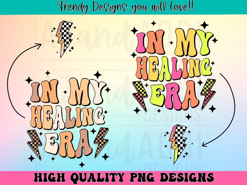 K&ouml;nnte beinhalten: Ein digitales Design mit dem Text "In My Healing Era" in einer retro-farbigen Schriftart mit Blitzen und Sternen. Der Text ist in Pink, Gelb und Orange.