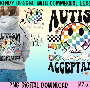 Autism acceptance png, autism awareness month sublimation, autism infinity symbol png, autism happy face design, trendy front back design