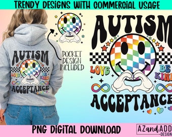 Autism acceptance png, autism awareness month sublimation, autism infinity symbol png, autism happy face design, trendy front back design