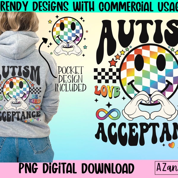 Autism acceptance png, autism awareness month sublimation, autism infinity symbol png, autism happy face design, trendy front back design