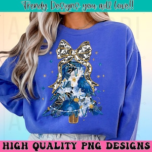 Blue floral coquette glitter Christmas tree png, floral toile pattern Christmas tree, blue grand millennial gold glitter brushstroke tree