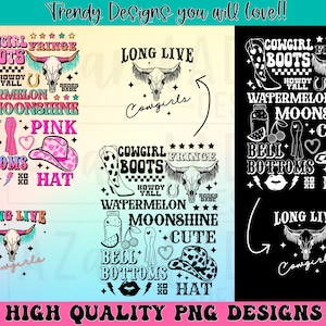 May include: Six digital designs featuring a cowgirl theme. The designs include a skull with fringe, cowboy boots, a horseshoe, a watermelon, a jar of moonshine, a pink heart, a bell bottom, a cowboy hat, and the text "Cowgirl Boots", "Fringe", "Howdy Y'all", "Watermelon Moonshine", "Pink", "Bell Bottoms", "Hat", "Long Live Cowgirls", and "Cute".