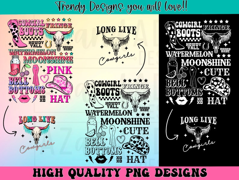 May include: Six digital designs featuring a cowgirl theme. The designs include a skull with fringe, cowboy boots, a horseshoe, a watermelon, a jar of moonshine, a pink heart, a bell bottom, a cowboy hat, and the text "Cowgirl Boots", "Fringe", "Howdy Y'all", "Watermelon Moonshine", "Pink", "Bell Bottoms", "Hat", "Long Live Cowgirls", and "Cute".