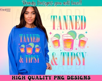 Tanned and tipsy png, retro summer sublimation design, beach vibes png, cocktail tequila margarita png, trendy summer bachelorette shirt