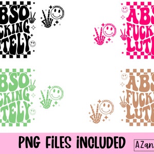 May include: Four digital designs of the phrase "ABSO FUCKING LUTELY" in different colors: black, pink, green, and brown. Each design features a checkered background and a peace sign with a smiley face.