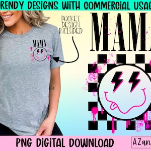 Pu&ograve; includere: Un download digitale di un design grafico con la parola "MAMA" in lettere nere a blocchi su uno sfondo a scacchi rosa e nero. Un viso sorridente rosa con fulmini per gli occhi si trova al centro dello sfondo a scacchi. Il design &egrave; adatto per l'uso su t-shirt, tazze, borse a tracolla e altri prodotti.