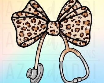 Leopard Nurse coquette bow png, retro nursing sublimation design, cute girlie bow with stethoscope png, trendy nurse digital download