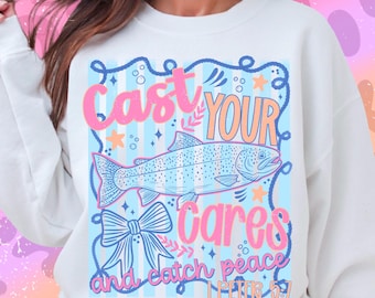 Cast Your Cares PNG, Christian Coastal Shirt Design, Bible Verse Graphic Tee, Faith Fish Design PNG, Trendy Sublimation Digital Download