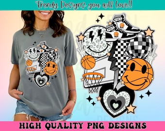 Retro basketball png, basketball sublimation design, black and white basketball png, basketball happy face png, basketball vibes png