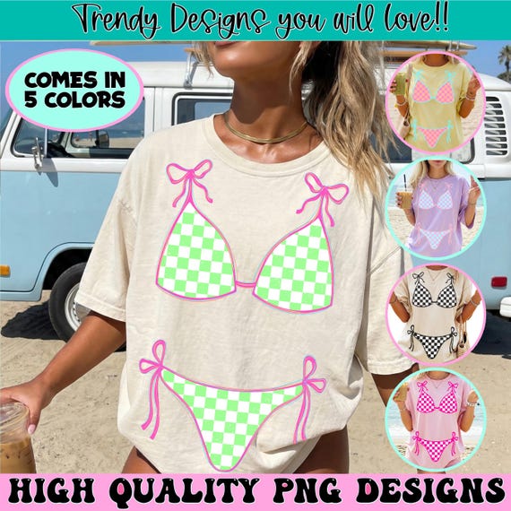 Summer Bikini PNG Bundle, Checkered Swimsuit Shirt Design, Coquette Beach PNG, Trendy Sublimation Download