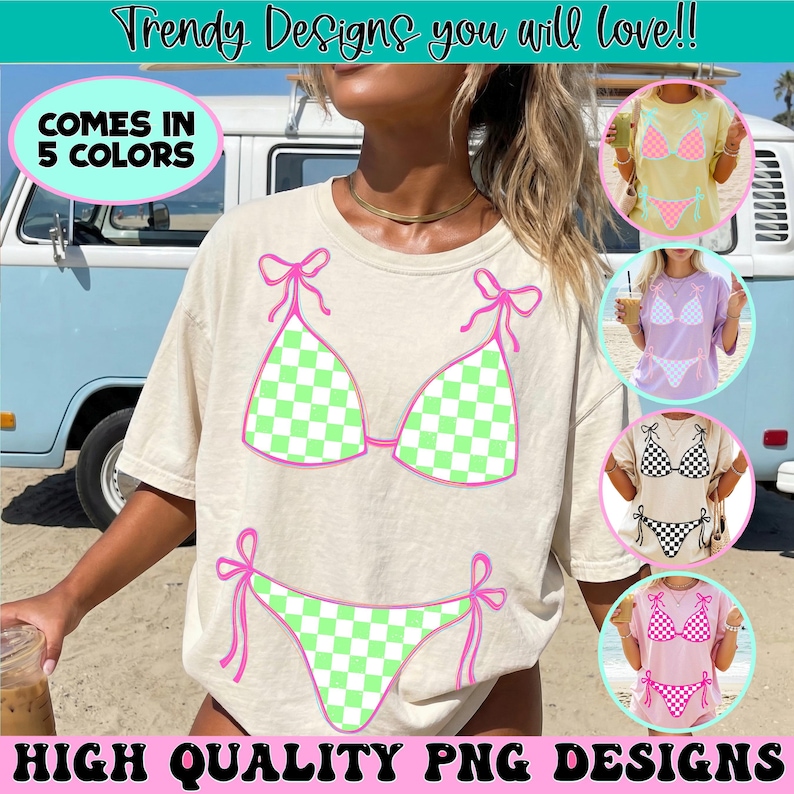May include: Cream-colored t-shirt featuring a green and white checkered bikini design with pink accents. The shirt has the text "Trendy Designs you will love!!" and "Comes in 5 Colors". The image also shows examples of the design in other colors.