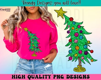 Faux sparkly glitter Christmas tree png, retro Christmas sublimation design, hanging Christmas tree png, cute Christmas sweater design