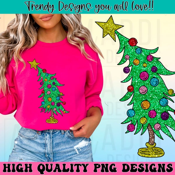 Faux sparkly glitter Christmas tree png, retro Christmas sublimation design, hanging Christmas tree png, cute Christmas sweater design