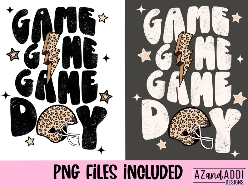 May include: Black and white graphic design with the text "Game Game Game Day" and a football helmet with a leopard print design.