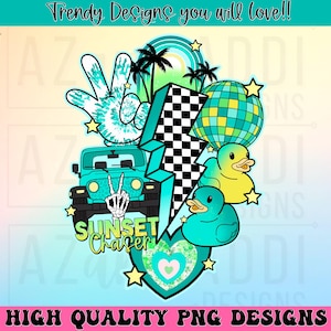 May include: A digital design featuring a teal and green jeep with the text "Sunset Chaser" in a teal and green font. The jeep is surrounded by a teal and green lightning bolt, a teal and green peace sign, a teal and green disco ball, and two teal and green rubber ducks. The design is set against a white background.