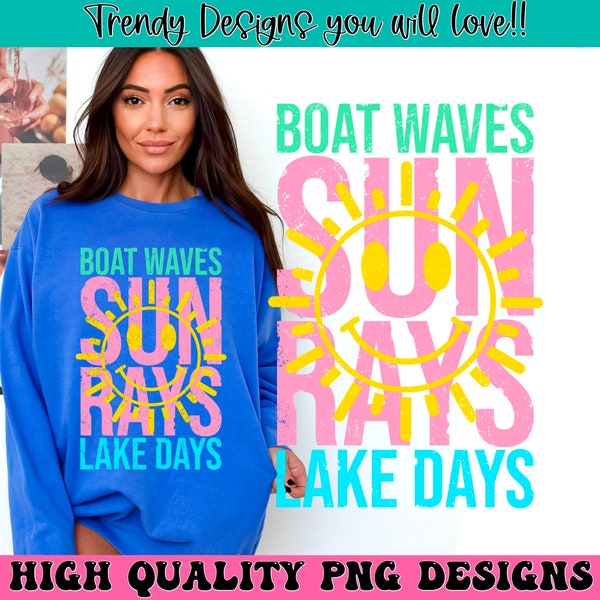 Boat waves sun rays lake days png, retro summer sublimation designs download, trendy png, lake boating outdoors png, summer smile face png