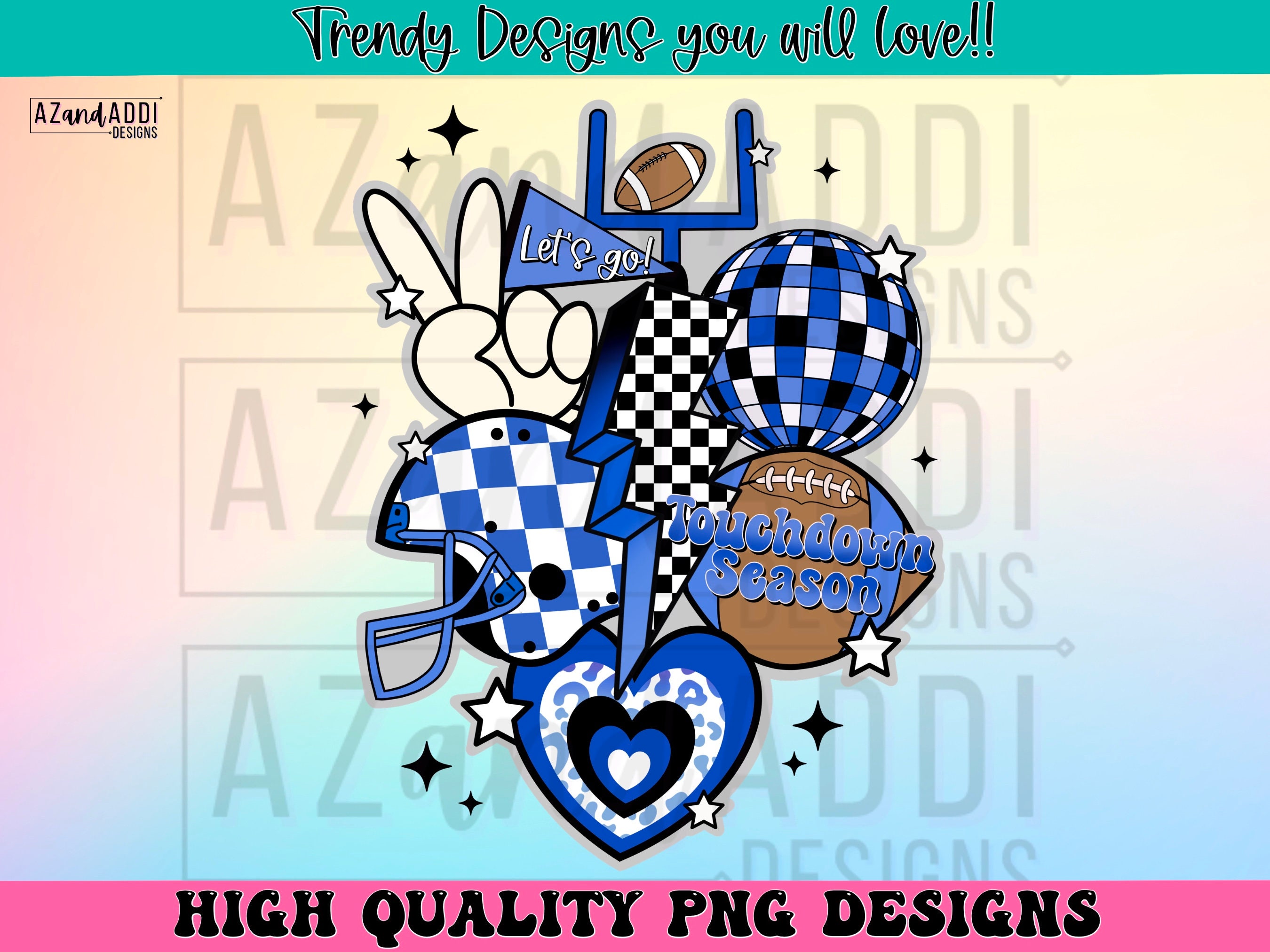 Retro football collage png, football sublimation design, blue football png, custom football team colors, touchdown season png