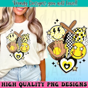 May include: Cream-colored t-shirt featuring a softball-themed graphic. The design includes yellow smiley faces, a baseball bat, a glove, and a softball. The text "Trendy Designs you will love!!" and "HIGH QUALITY PNG DESIGNS" are also visible.