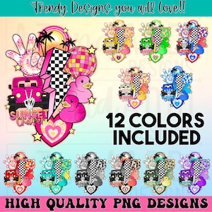 Peut inclure: Une conception numérique avec un motif à carreaux, un cœur, une boule disco, une main de dessin animé et une jeep avec le texte "Sunset Chaser". Le design est disponible en 12 couleurs différentes.