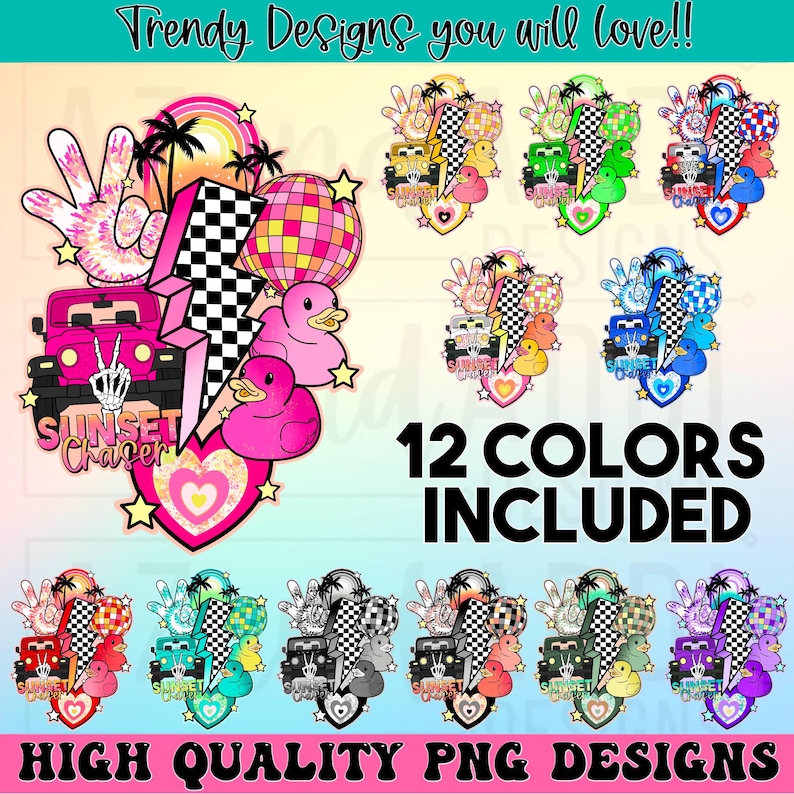 May include: A digital design featuring a chequered pattern, a heart, a disco ball, a cartoon hand, and a jeep with the text "Sunset Chaser". The design is available in 12 different colours.