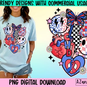 CHD awareness png, anatomical heart design, retro sublimation png, red and blue ribbon, inspirational design, Congenital heart defect png