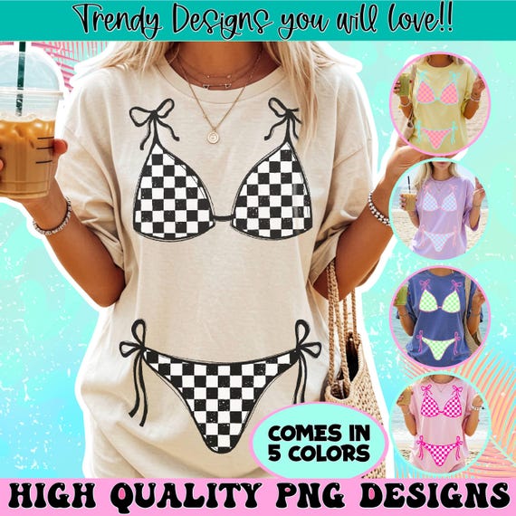Summer Bikini PNG Bundle, Retro Checkered Swimsuit Design, Coquette Beach Shirt PNG, 5 Color Variations
