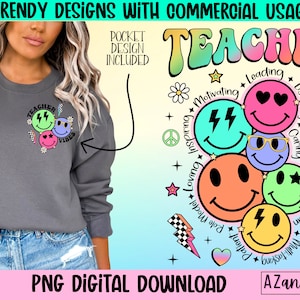 Retro teacher sublimation png, teacher smile face png, back to school png, front and back png design, teacher vibes png, teacher shirt png