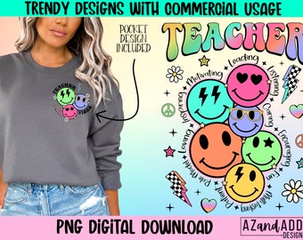Retro teacher sublimation png, teacher smile face png, back to school png, front and back png design, teacher vibes png, teacher shirt png