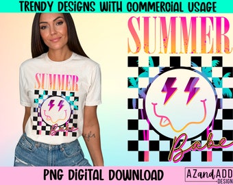 Retro summer png, summer Babe png, summer sublimation design, neon summer png, summer vibes shirt design, cute checkered summer shirt design