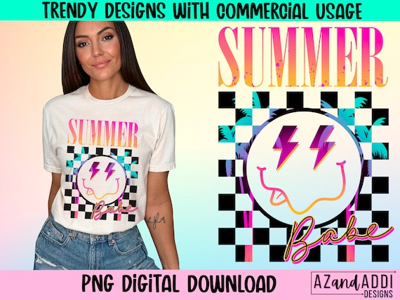 Retro summer png, summer Babe png, summer sublimation design, neon summer png, summer vibes shirt design, cute checkered summer shirt design
