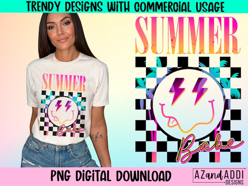 May include: A digital download graphic design featuring a pink, yellow, and blue "Summer Babe" text with a smiley face graphic with lightning bolts and palm trees on a black and white checkered background.