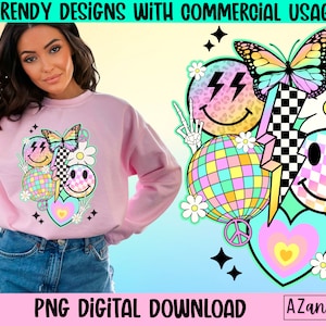 Retro Pastell Clipart Clipart, Collage PNG, Retro Frühling Sublimation, karierter Blitz PNG, Schmetterling PNG, Pastell-Shirt-Design digital PNG