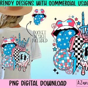 Retro 4th of July rock and roll png, patriotic lips and tongue png, stars and stripes collage design, Independence Day sublimation