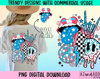 Retro 4th of July rock and roll png, patriotic lips and tongue png, stars and stripes collage design, Independence Day sublimation