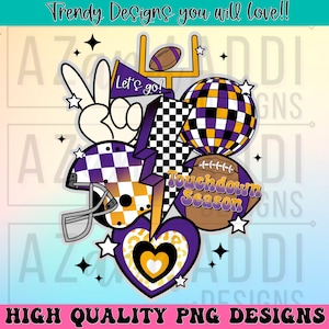 Retro football collage png, football sublimation design, purple and yellow football png, custom football team colors, touchdown season png